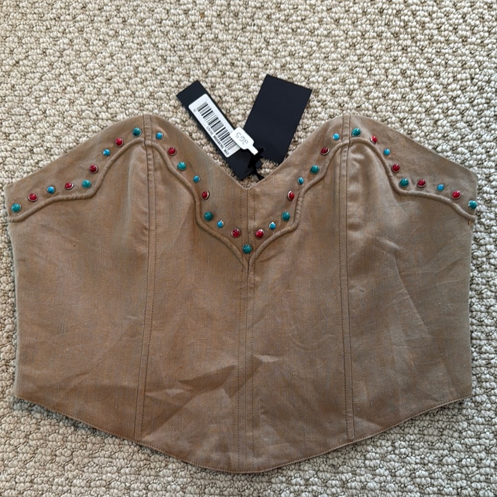 Talveston Linen Corset Top with Colorful Stone Beading